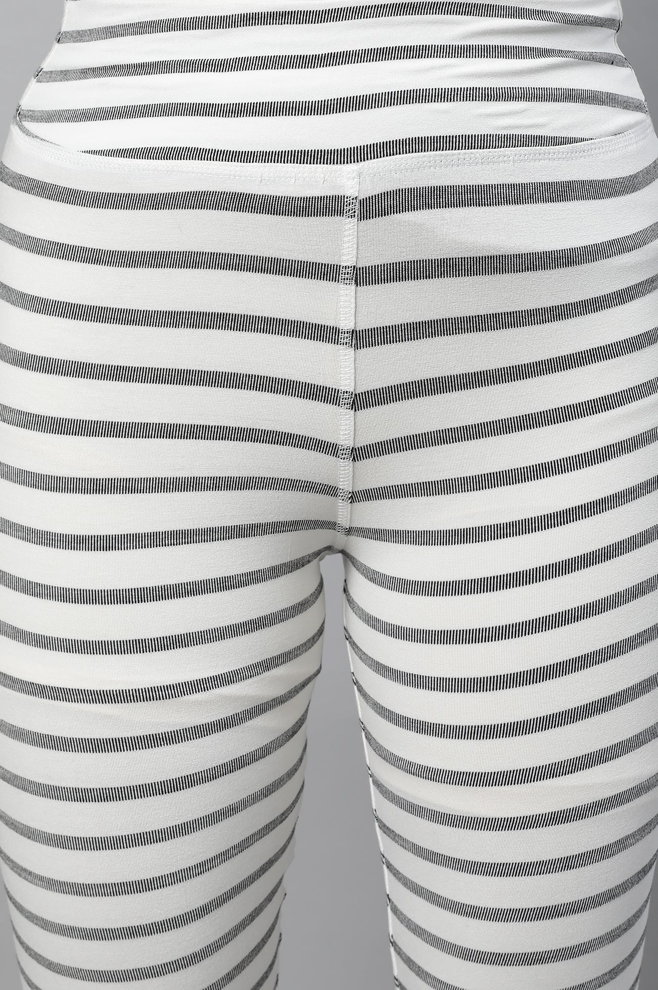 White Striped Skinny Fit Cotton Tights With High Waistband