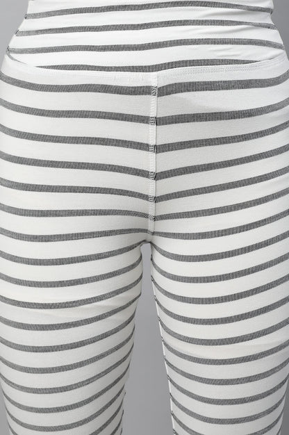 White Striped Skinny Fit Cotton Tights With High Waistband