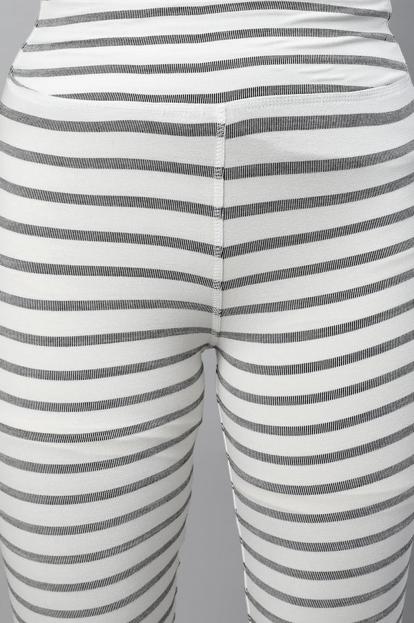 White Striped Skinny Fit Cotton Tights With High Waistband