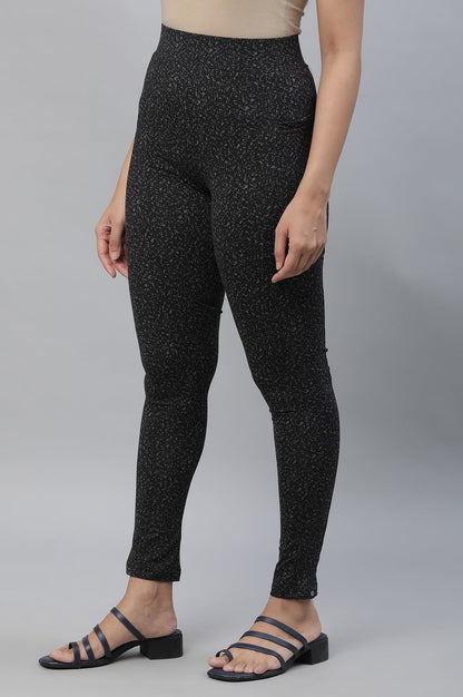Black Printed Skinny Fit Tights With Elasticated Waist