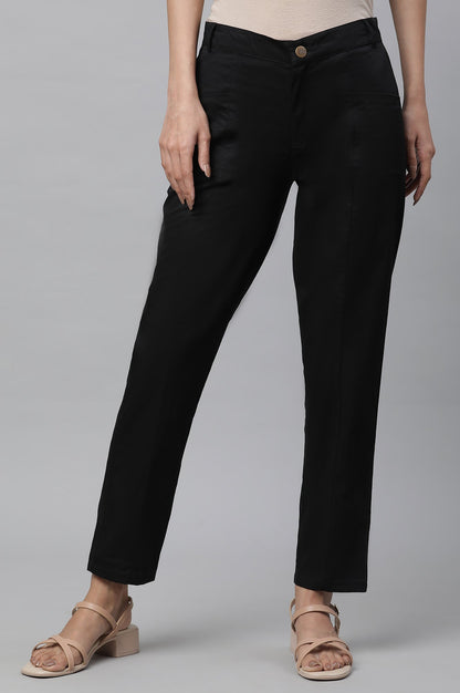 Black Solid Straight Fit Cotton Pants With Elasticated Back