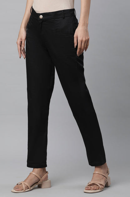 Black Solid Straight Fit Cotton Pants With Elasticated Back