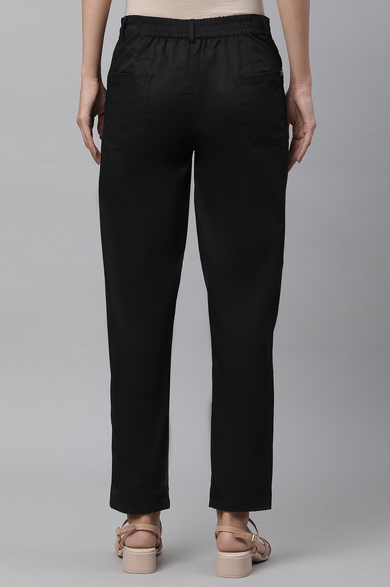 Black Solid Straight Fit Cotton Pants With Elasticated Back