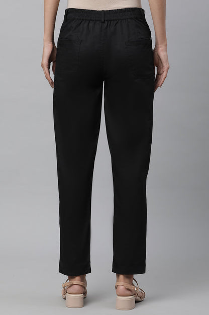 Black Solid Straight Fit Cotton Pants With Elasticated Back