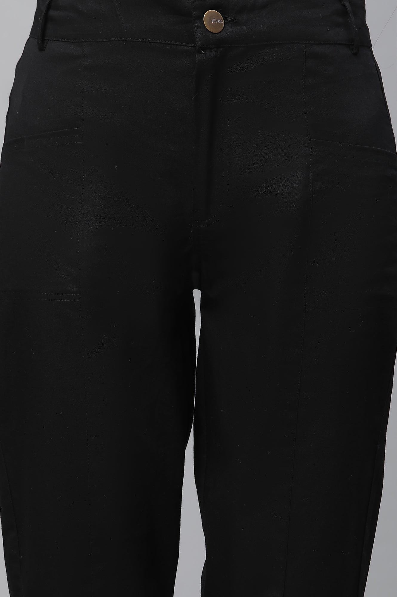 Black Solid Straight Fit Cotton Pants With Elasticated Back