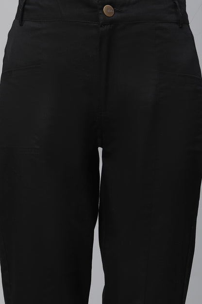 Black Solid Straight Fit Cotton Pants With Elasticated Back