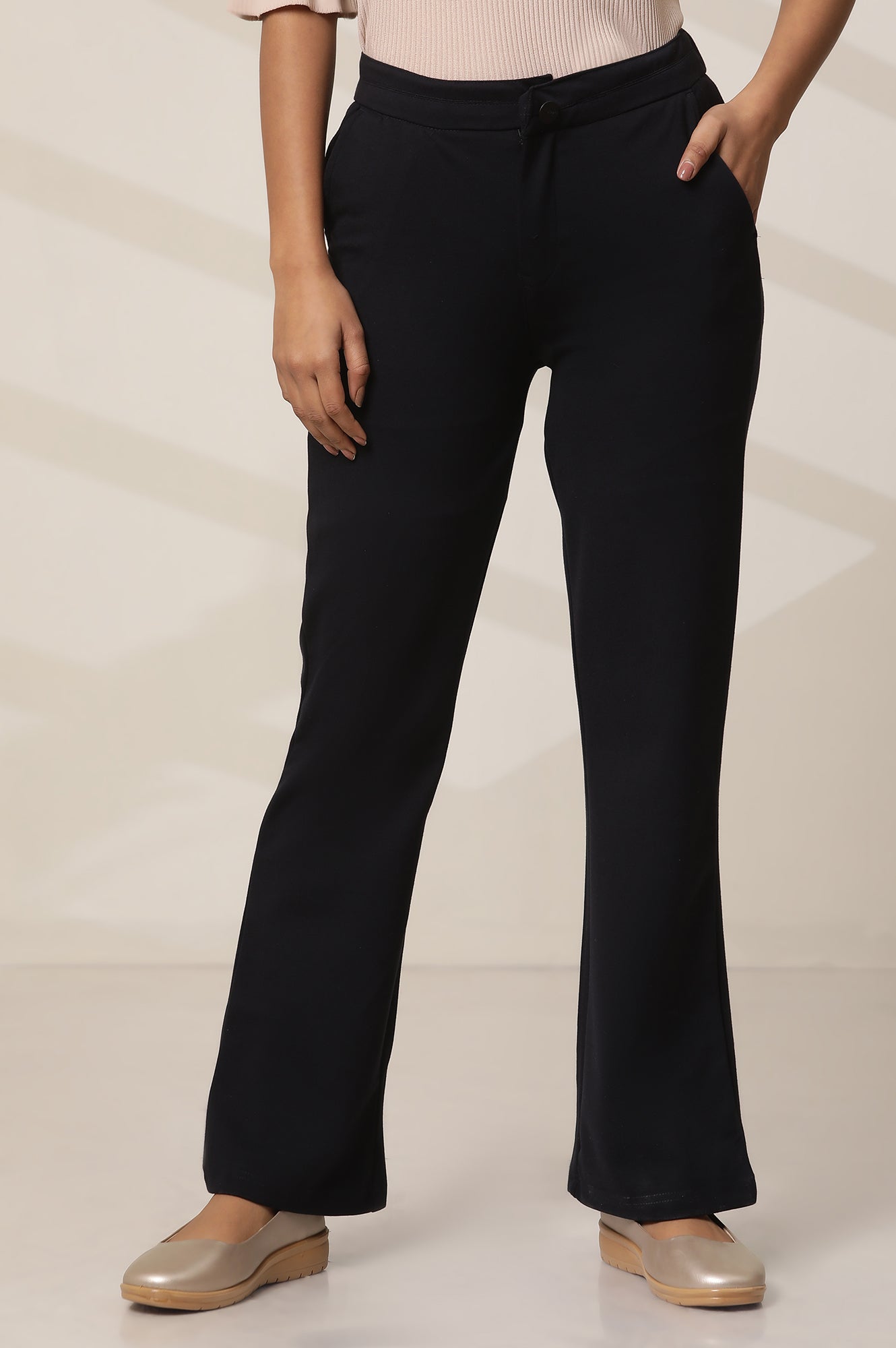 Navy Blue Solid Flared Knit Pants with Elasticated Waist