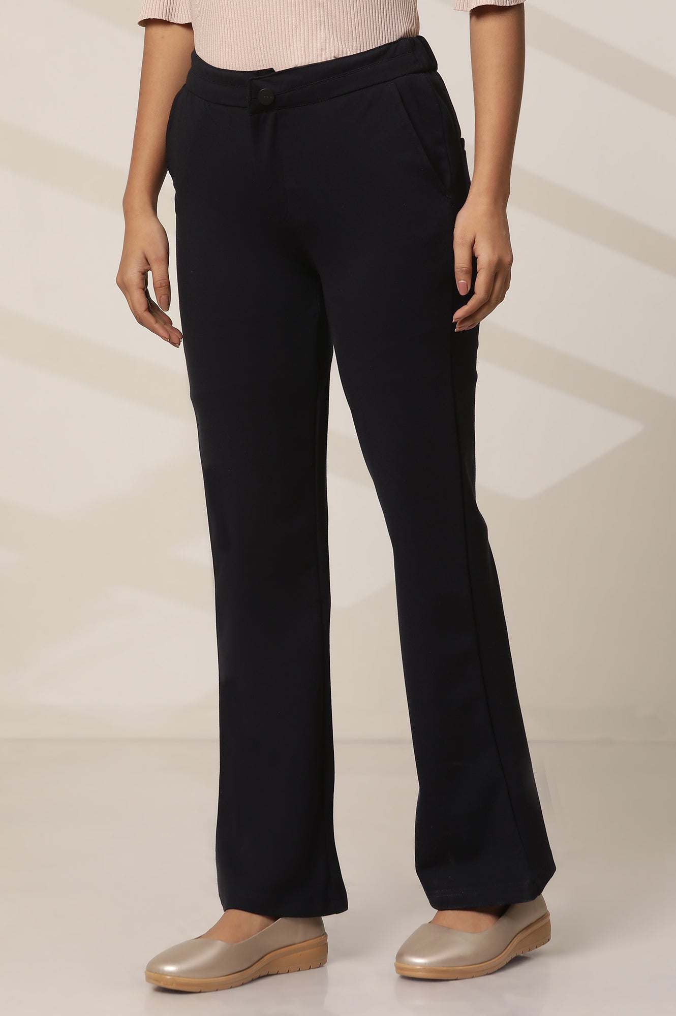 Navy Blue Solid Flared Knit Pants with Elasticated Waist