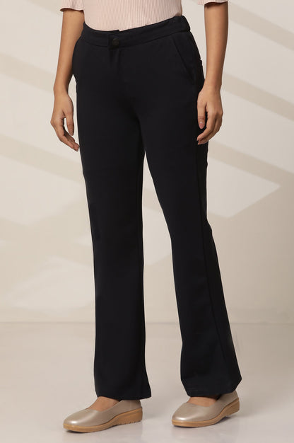 Navy Blue Solid Flared Knit Pants with Elasticated Waist