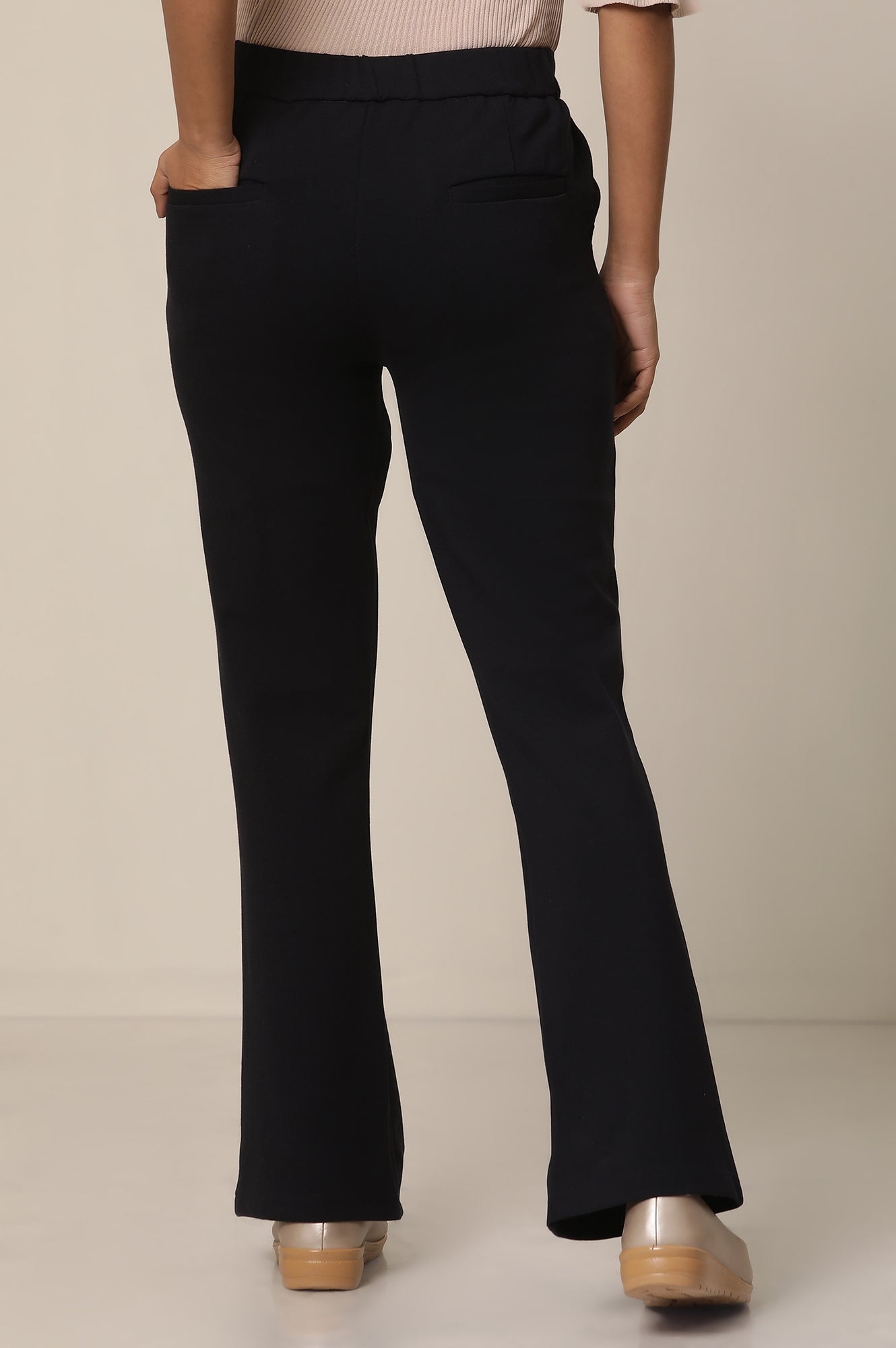 Navy Blue Solid Flared Knit Pants with Elasticated Waist