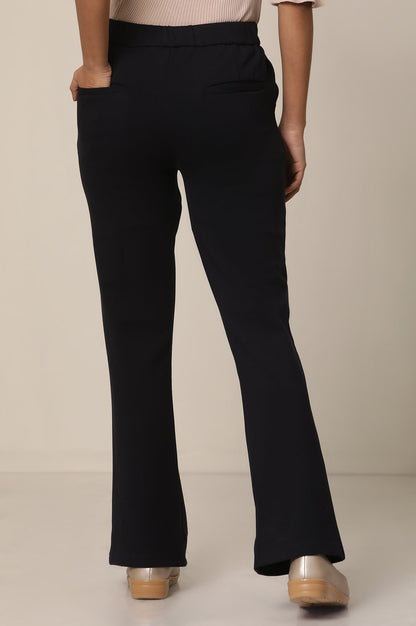 Navy Blue Solid Flared Knit Pants with Elasticated Waist