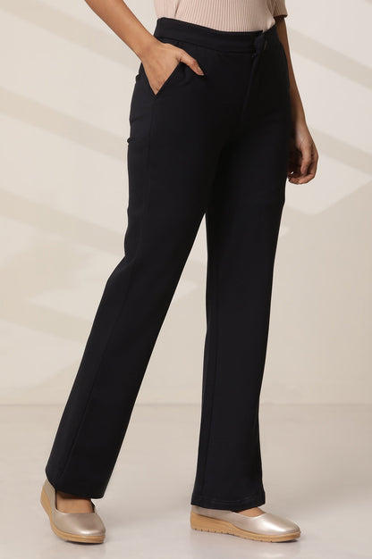 Navy Blue Solid Flared Knit Pants with Elasticated Waist