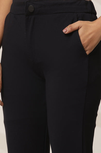 Navy Blue Solid Flared Knit Pants with Elasticated Waist