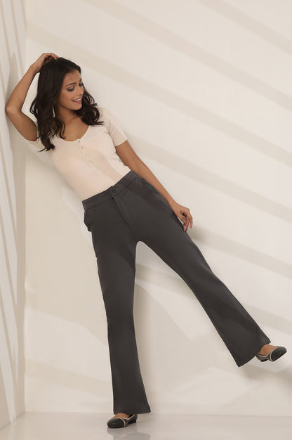 Grey Solid Straight Fit Pants With Button Closure