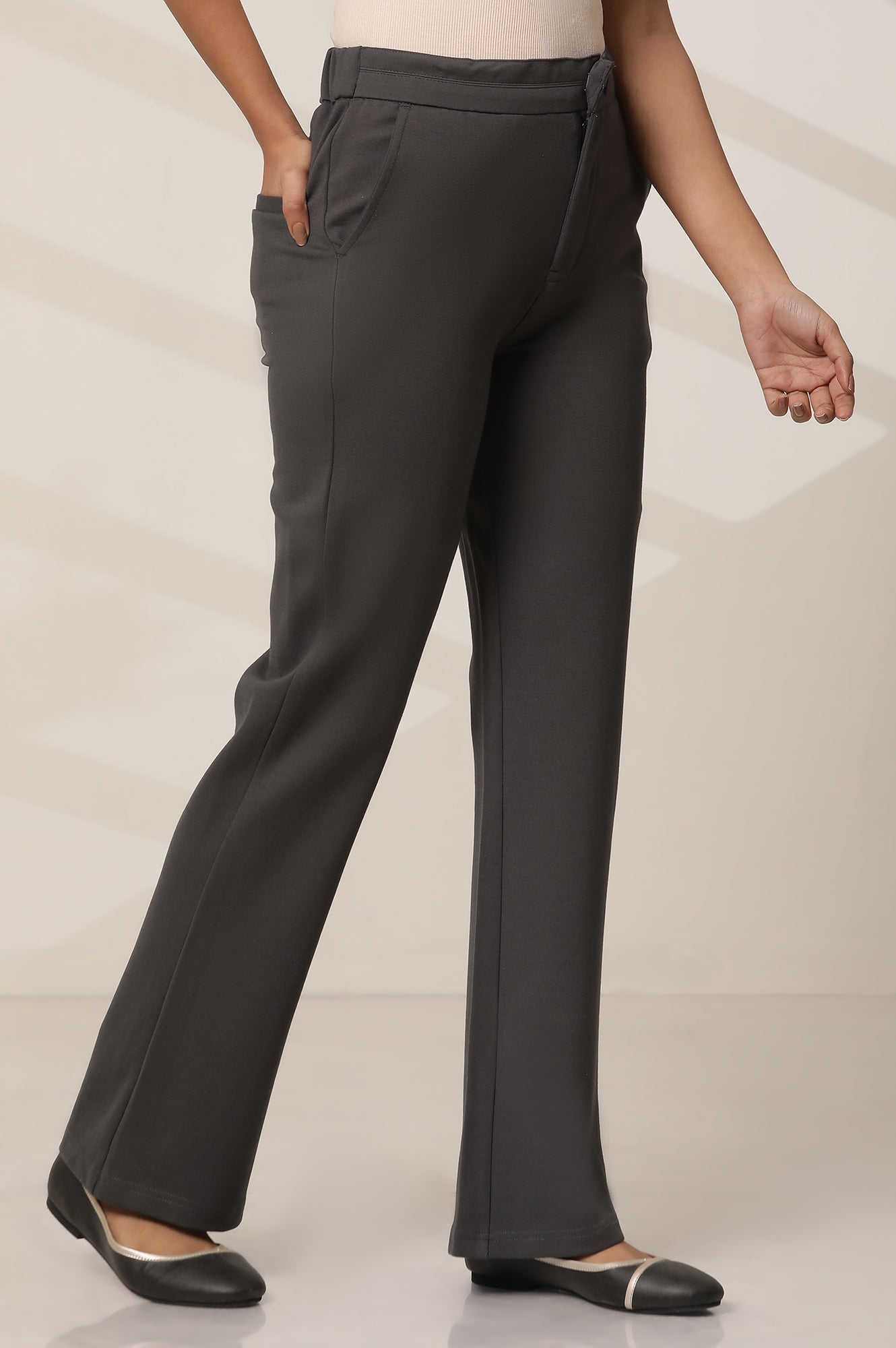 Grey Solid Straight Fit Pants With Button Closure