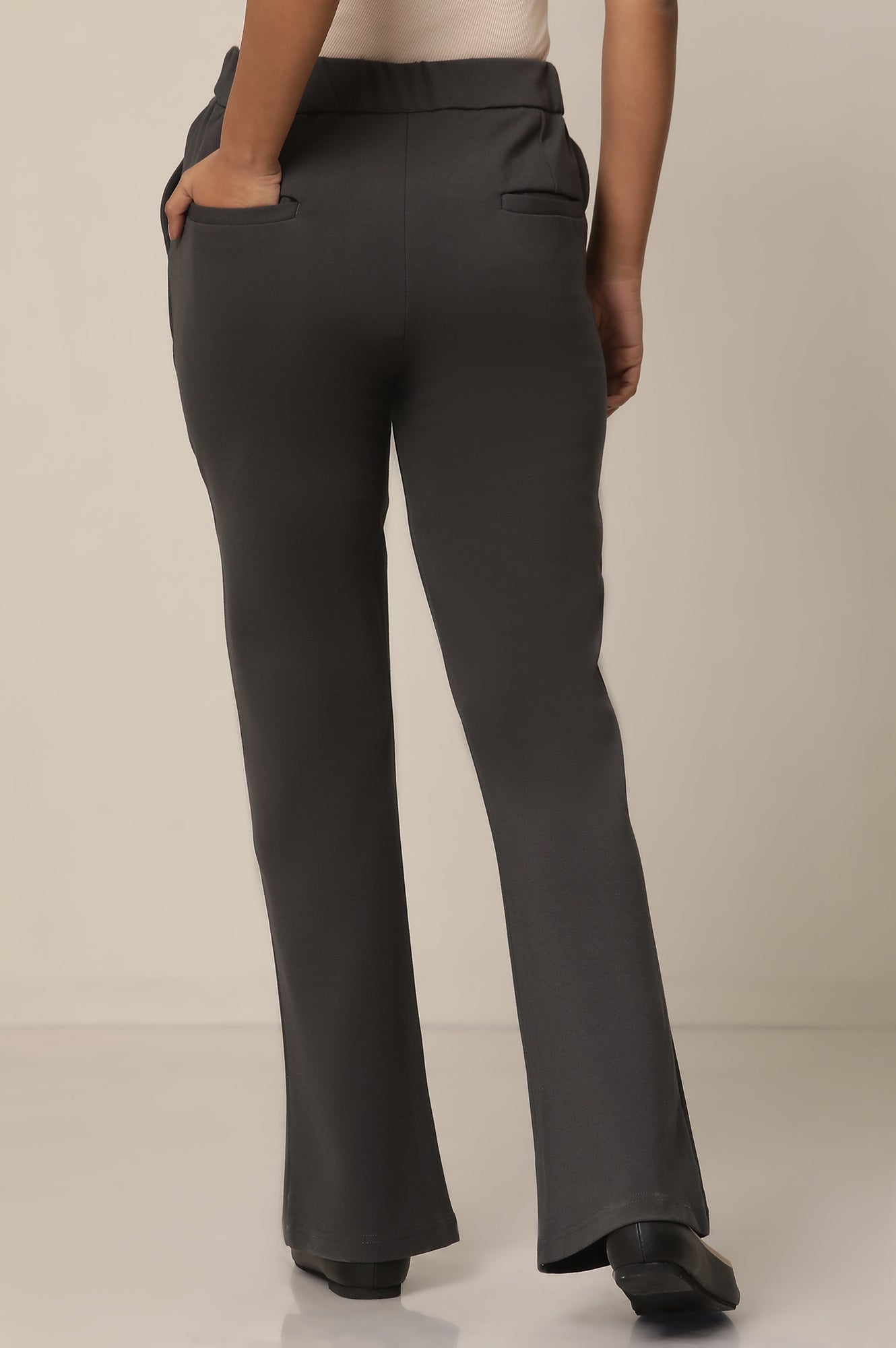 Grey Solid Straight Fit Pants With Button Closure