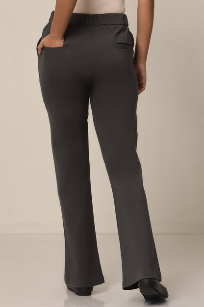 Grey Solid Straight Fit Pants With Button Closure