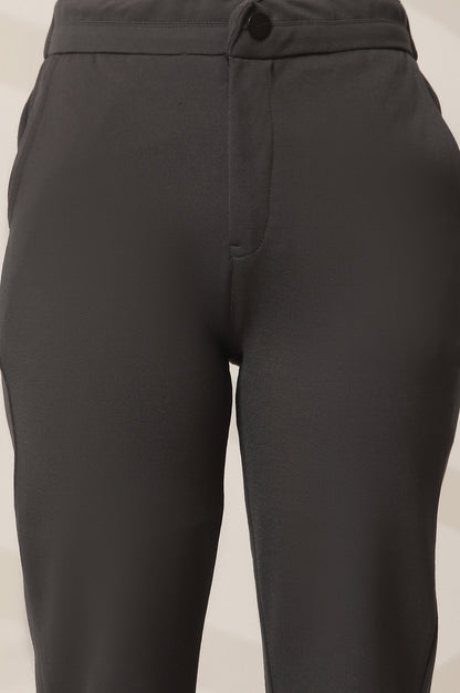 Grey Solid Straight Fit Pants With Button Closure