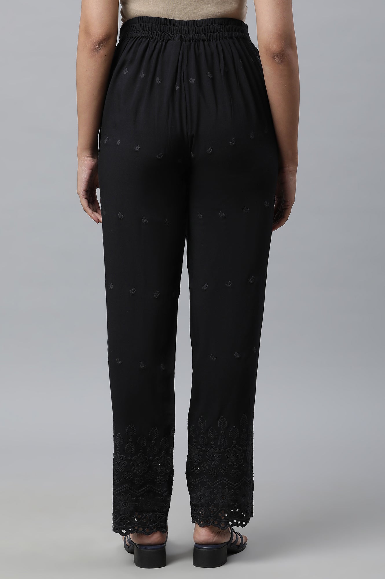 Black Schiffli Embroidered Straight Fit Woven Palazzo With Elasticated Waist