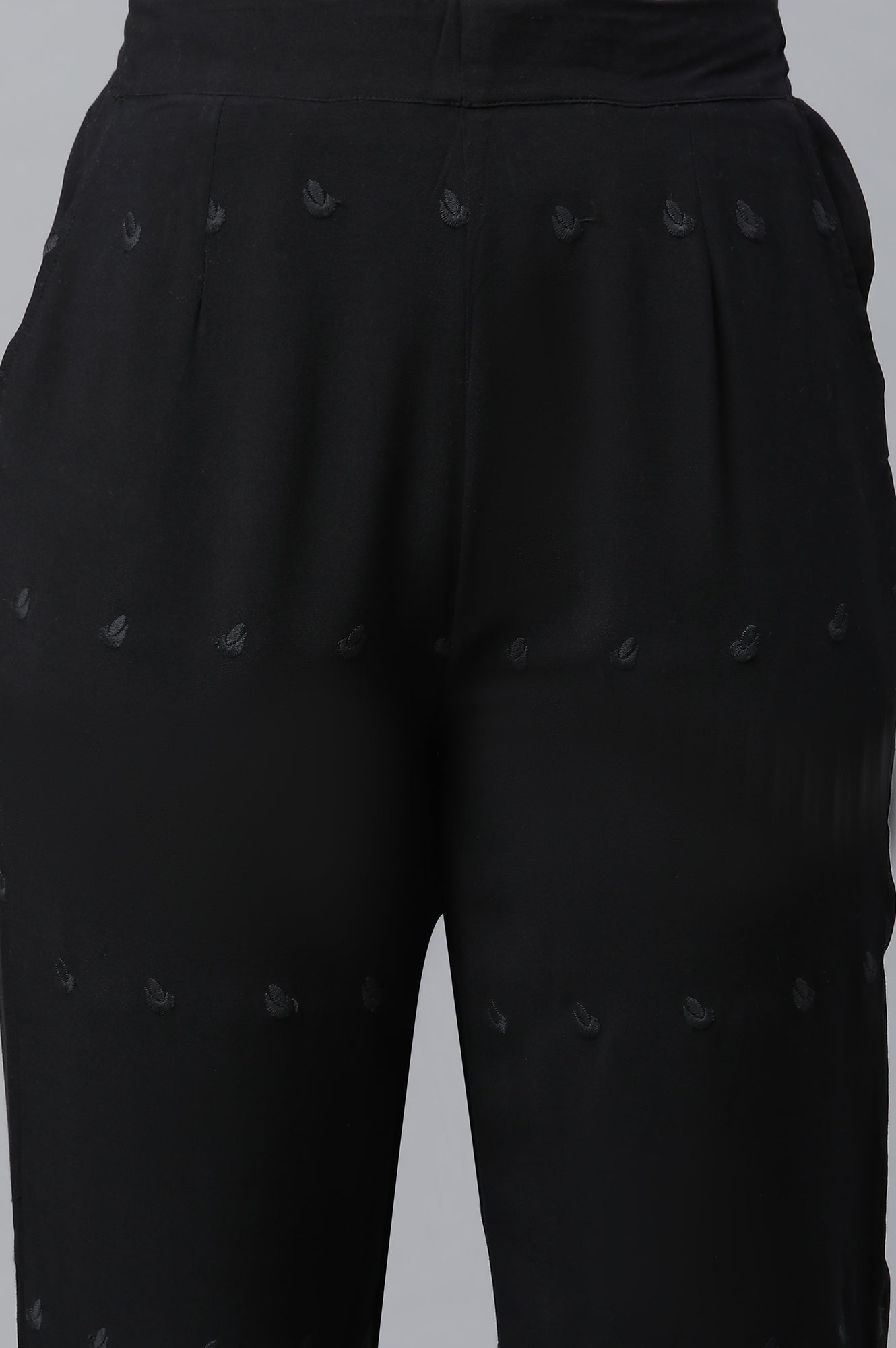 Black Schiffli Embroidered Straight Fit Woven Palazzo With Elasticated Waist