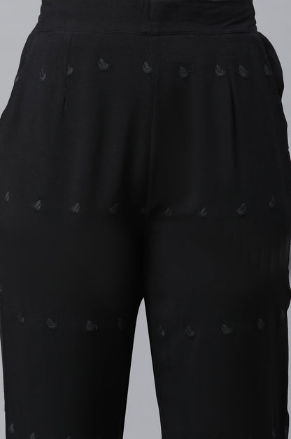 Black Schiffli Embroidered Straight Fit Woven Palazzo With Elasticated Waist