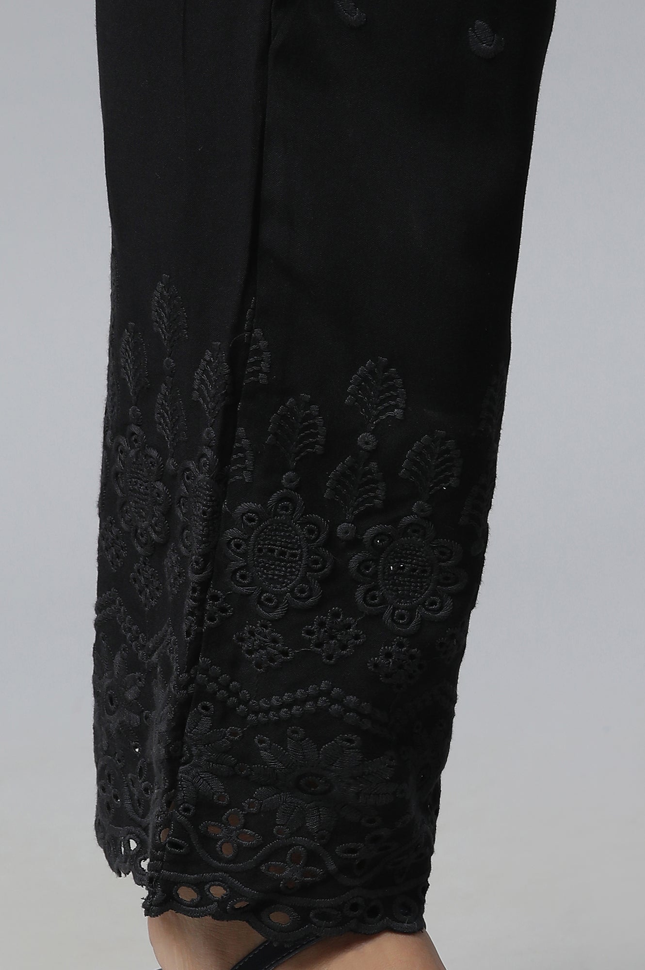 Black Schiffli Embroidered Straight Fit Woven Palazzo With Elasticated Waist