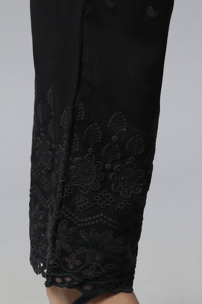 Black Schiffli Embroidered Straight Fit Woven Palazzo With Elasticated Waist