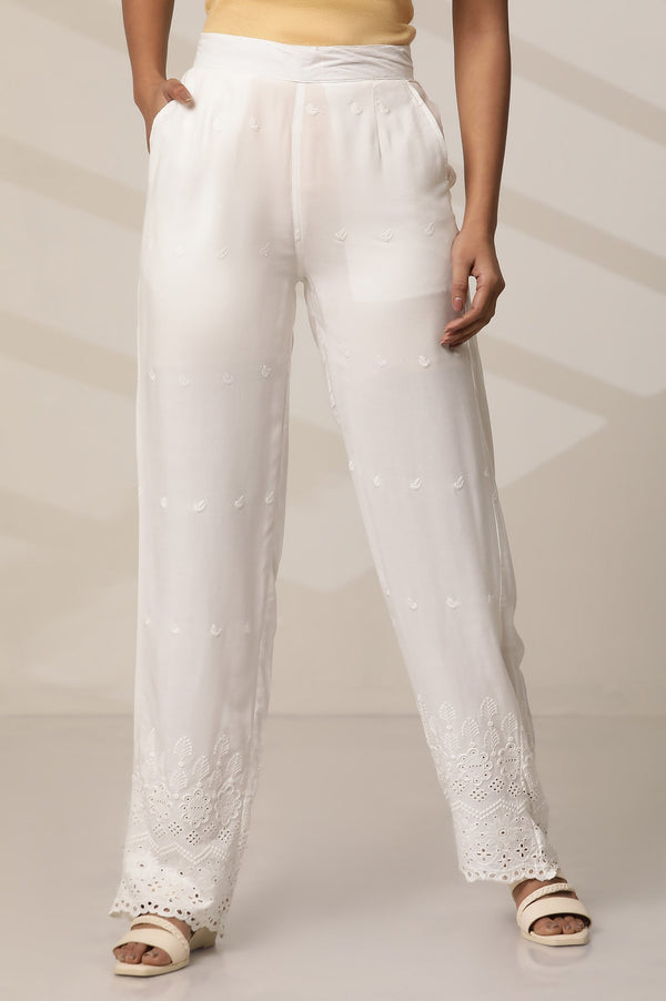White Schiffli Embroidered Straight-fit Woven Palazzo with Elasticated Waist