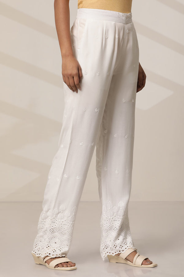 White Schiffli Embroidered Straight-fit Woven Palazzo with Elasticated Waist