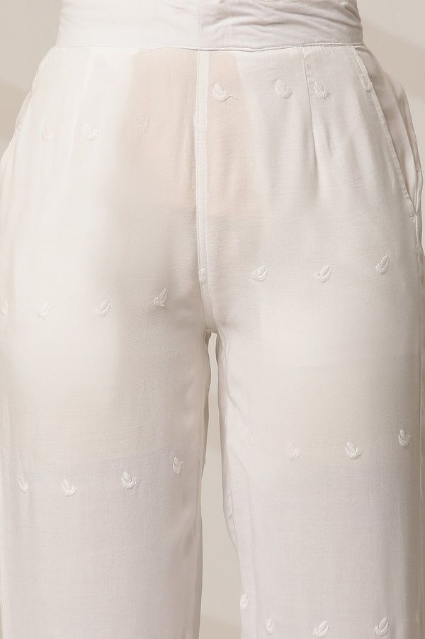 White Schiffli Embroidered Straight-fit Woven Palazzo with Elasticated Waist