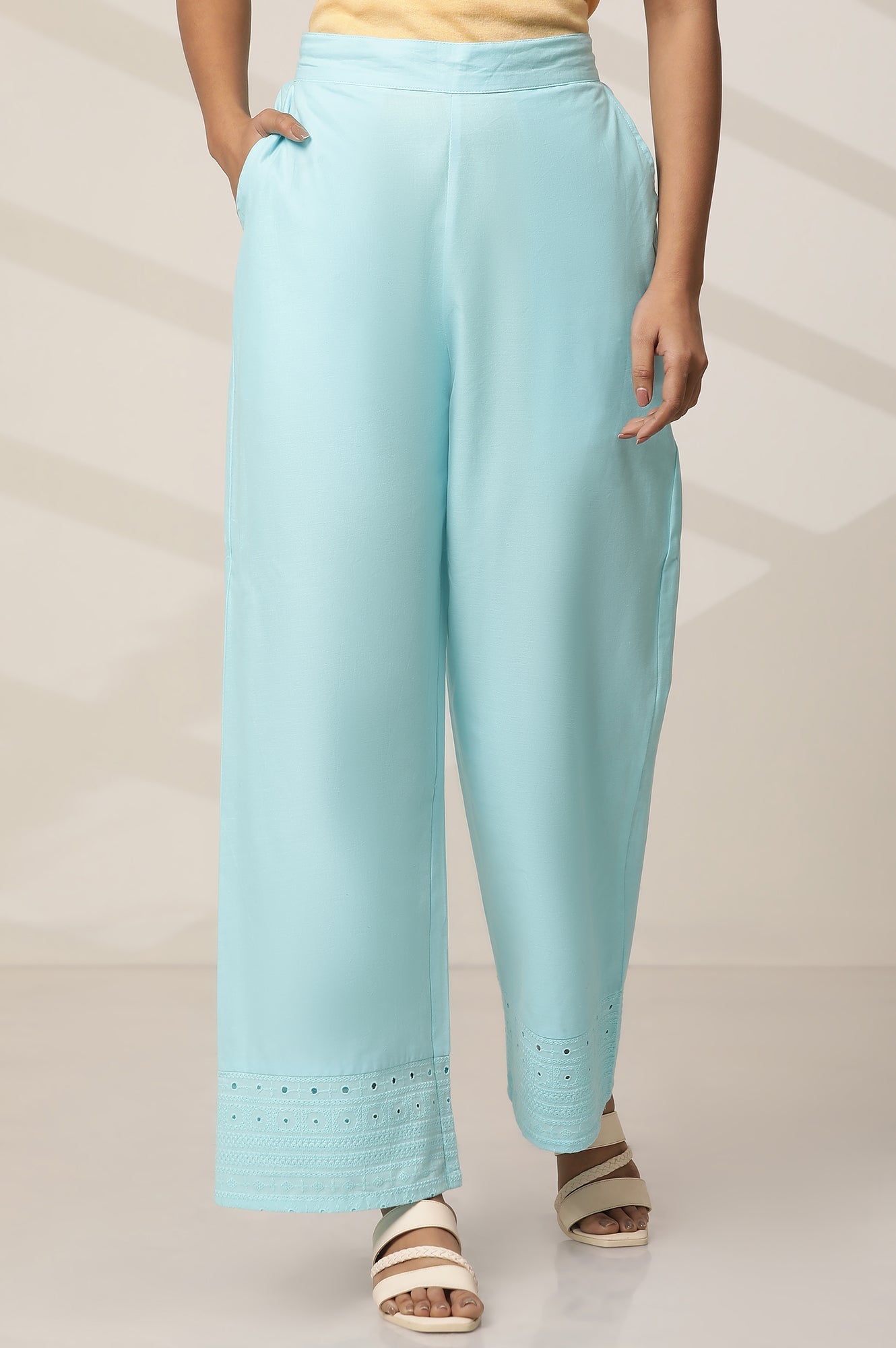 Sky Blue Embroidered Wide Leg Cotton Palazzo With Elasticated Waist