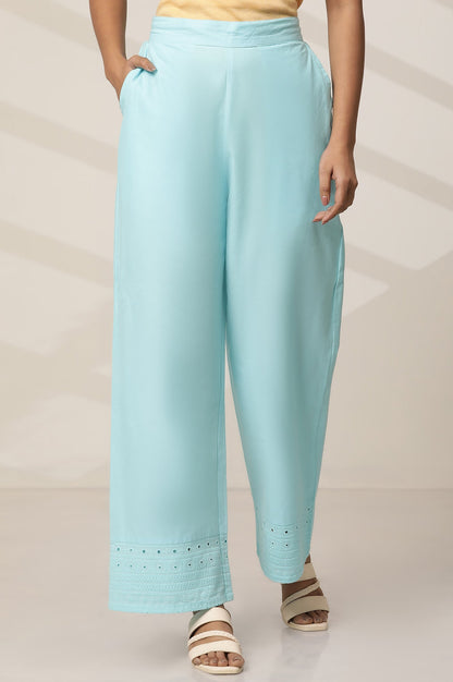 Sky Blue Embroidered Wide Leg Cotton Palazzo With Elasticated Waist