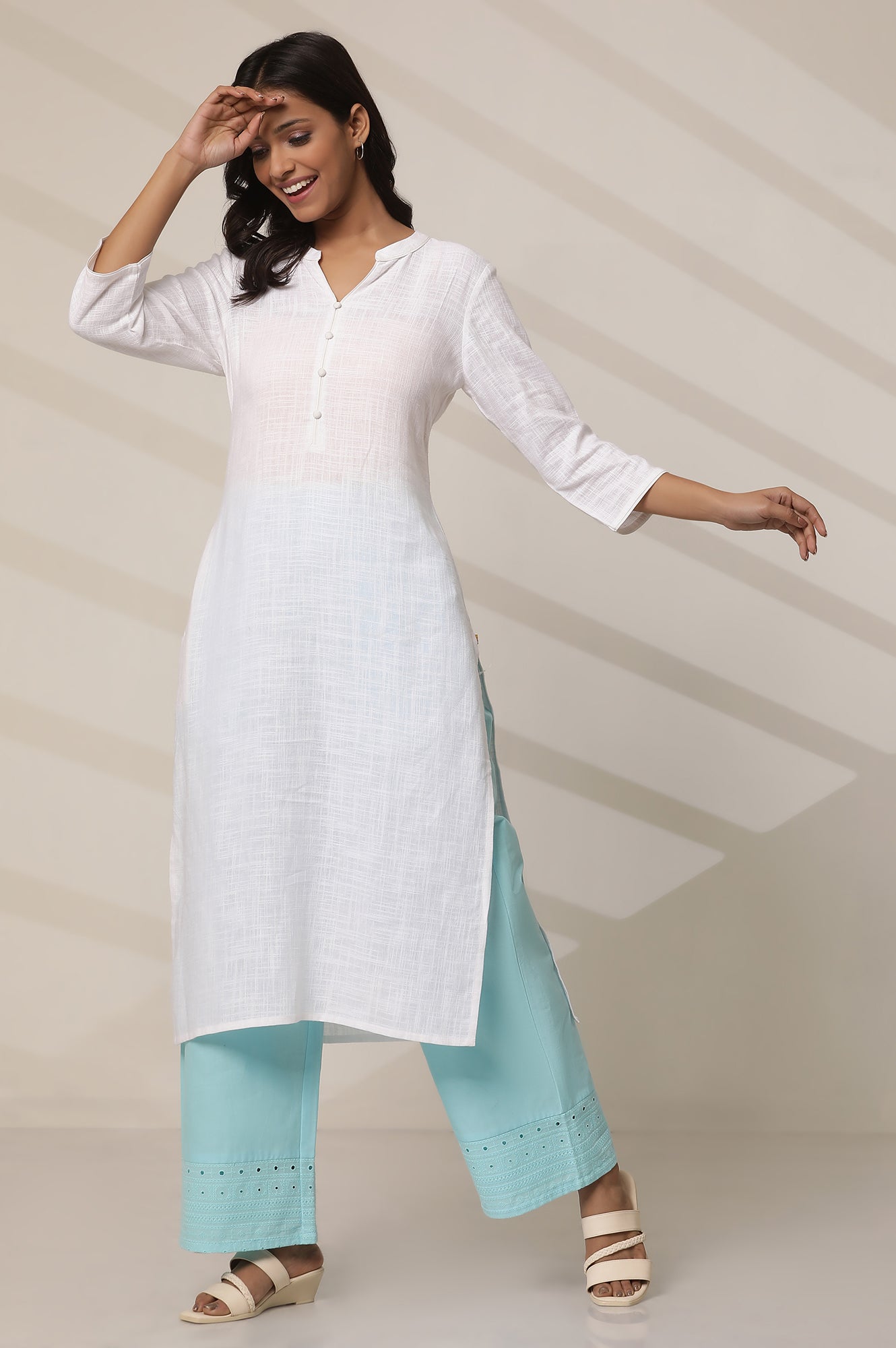 Sky Blue Embroidered Wide Leg Cotton Palazzo With Elasticated Waist