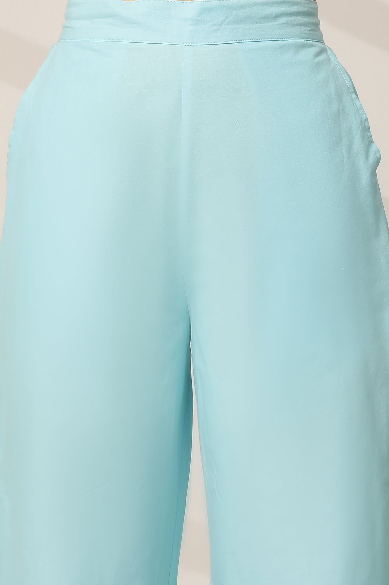 Sky Blue Embroidered Wide Leg Cotton Palazzo With Elasticated Waist
