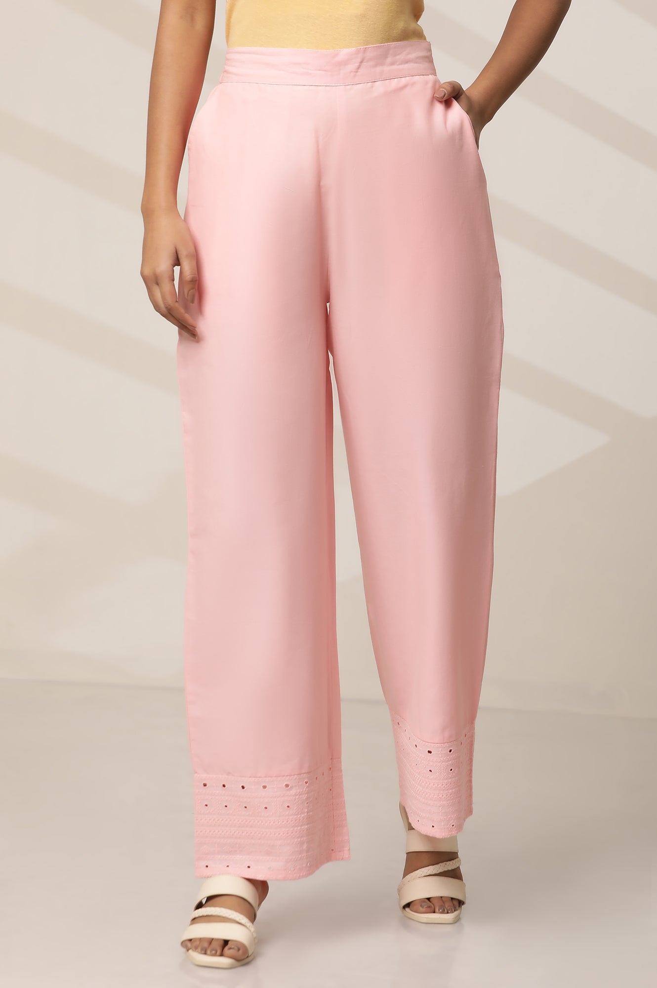 Pink Embroidered Straight Fit Cotton Palazzo With Elasticated Waist