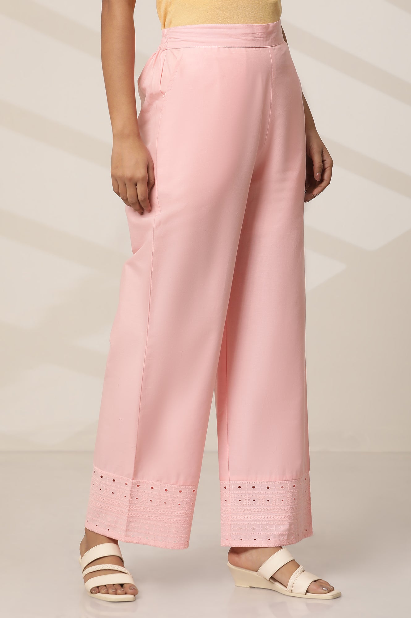 Pink Embroidered Straight Fit Cotton Palazzo With Elasticated Waist