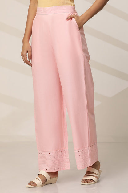 Pink Embroidered Straight Fit Cotton Palazzo With Elasticated Waist