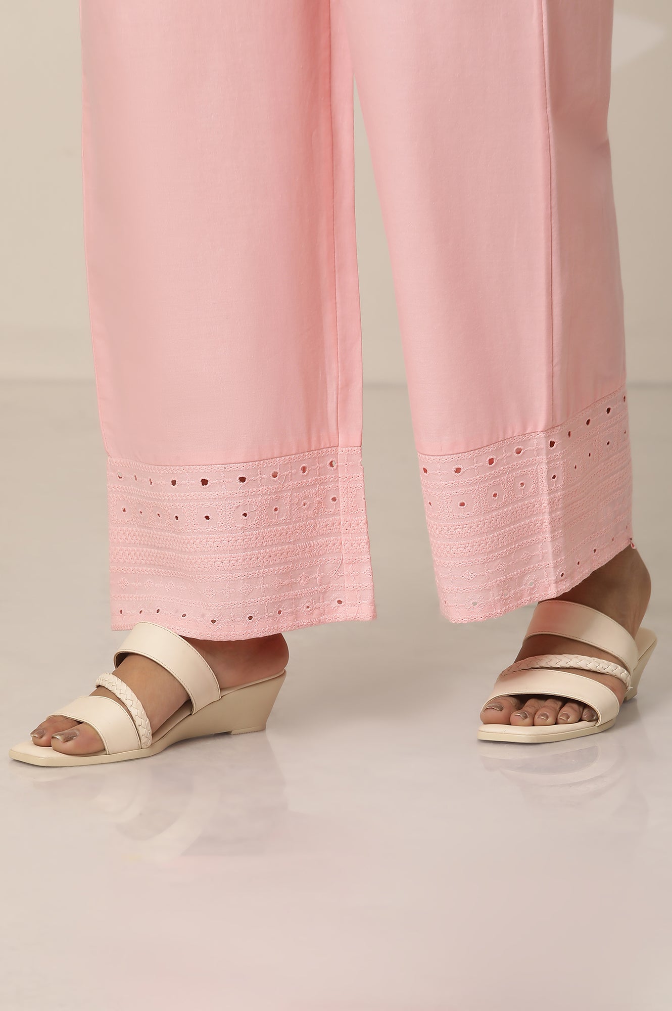Pink Embroidered Straight Fit Cotton Palazzo With Elasticated Waist