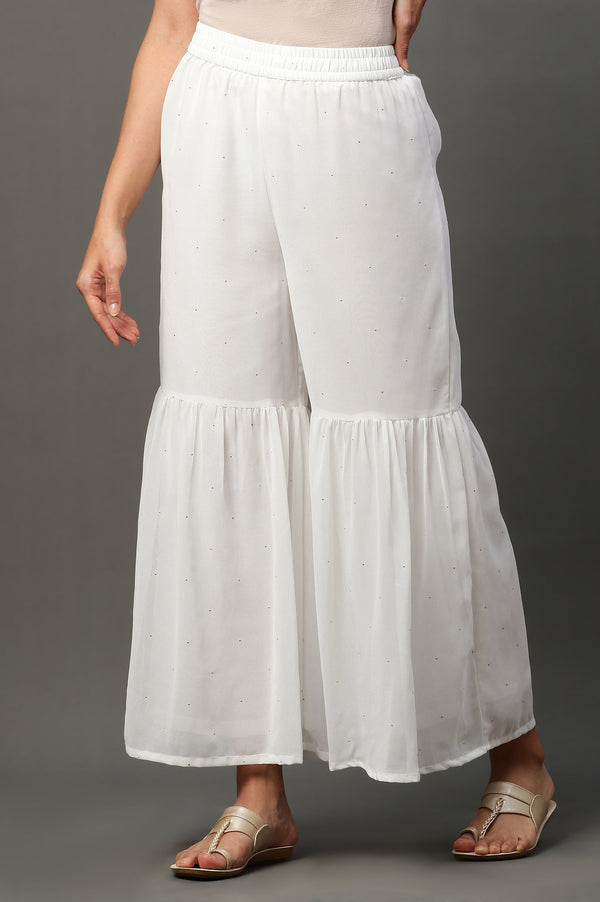 White Polka Dots Printed Flared Georgette Sharara With Elasticated Waist