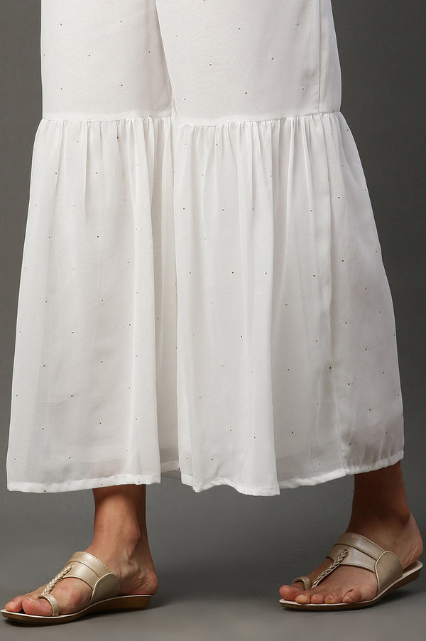 White Polka Dots Printed Flared Georgette Sharara With Elasticated Waist