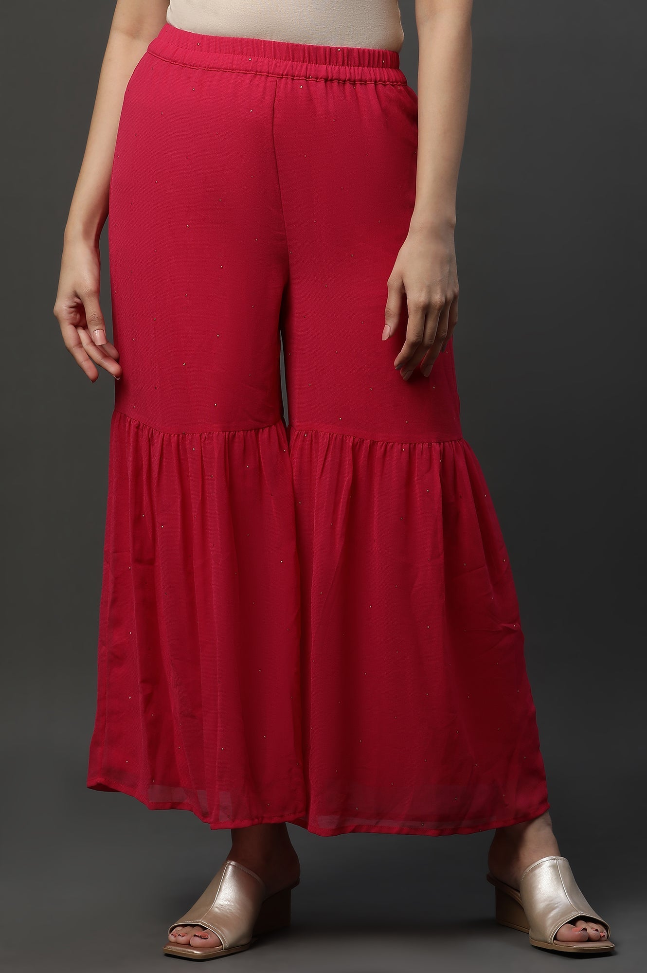 Pink Polka Dots Printed Flared Georgette Sharara With Elasticated Waist