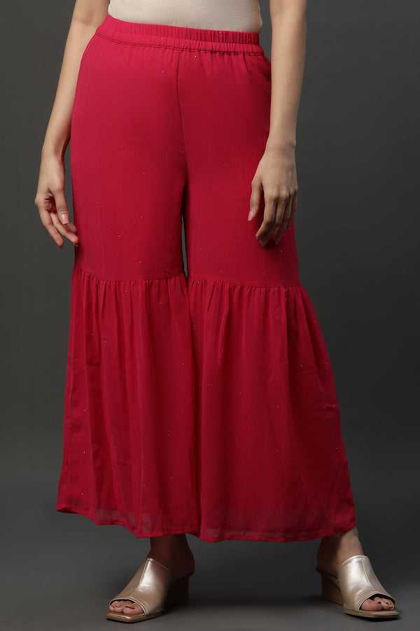 Pink Polka Dots Printed Flared Georgette Sharara With Elasticated Waist