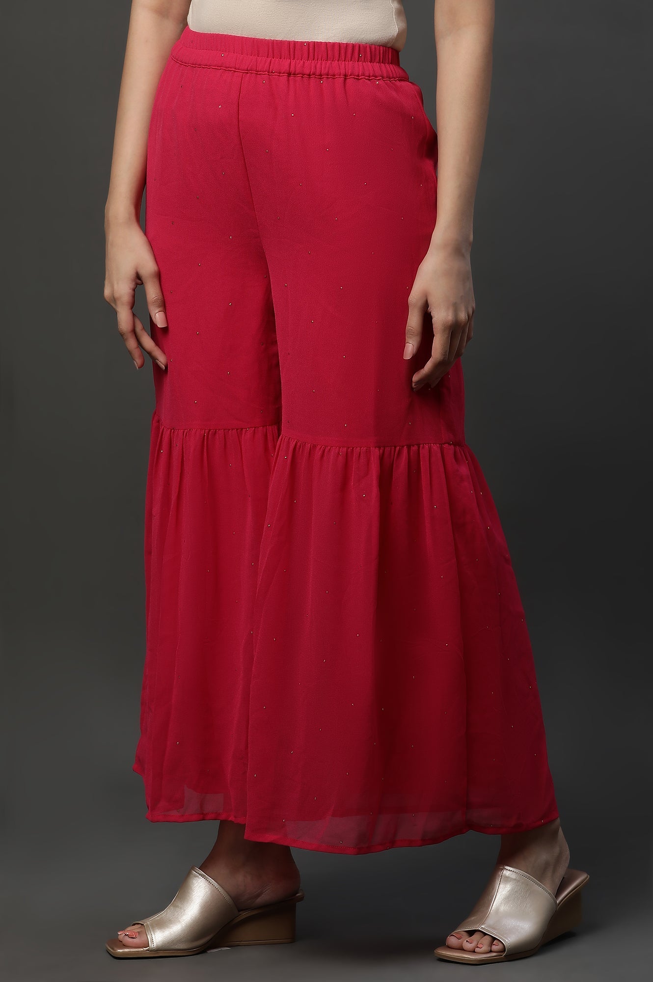 Pink Polka Dots Printed Flared Georgette Sharara With Elasticated Waist