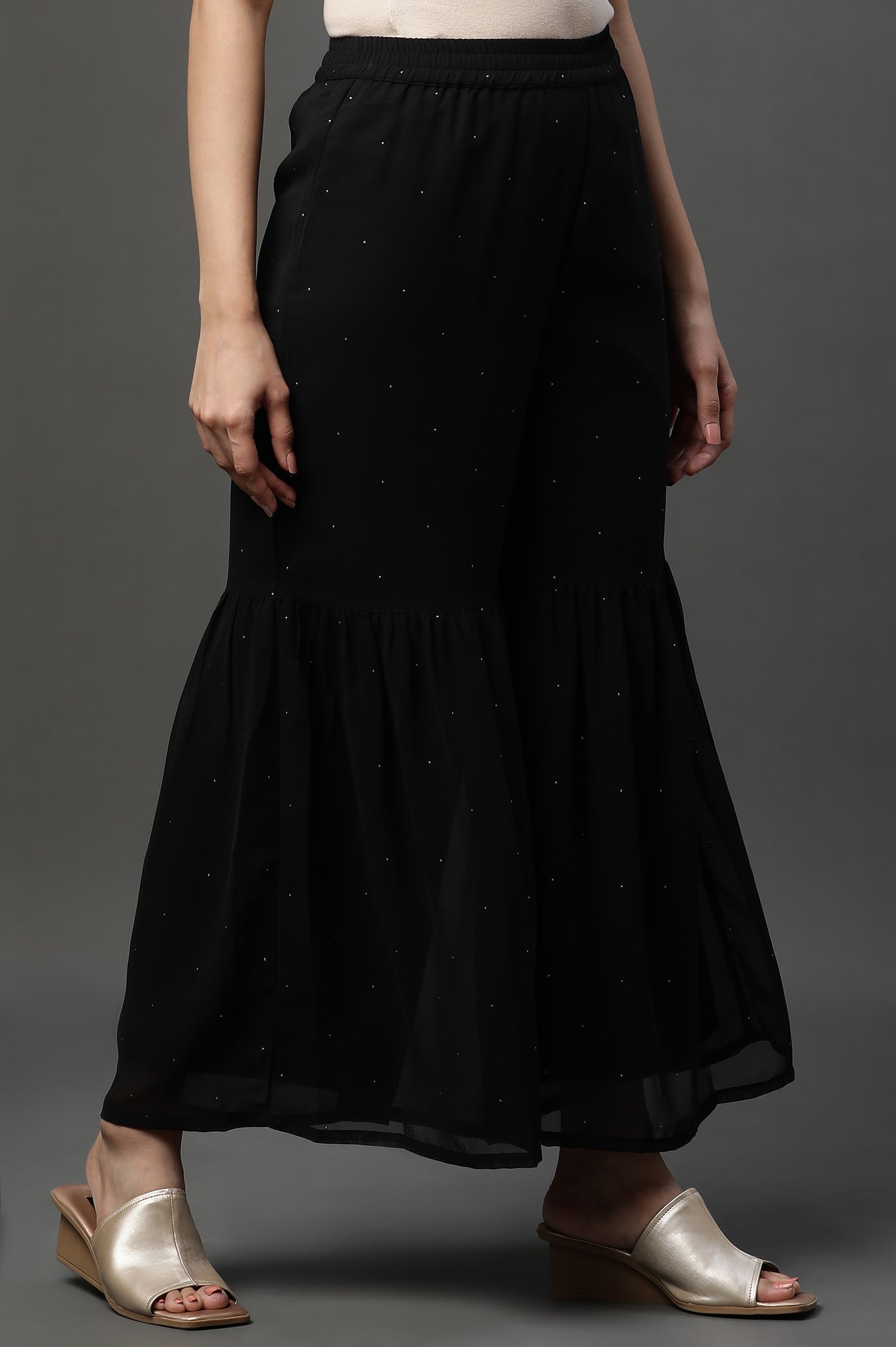 Black Polka Dots Printed Flared Georgette Sharara With Elasticated Waist