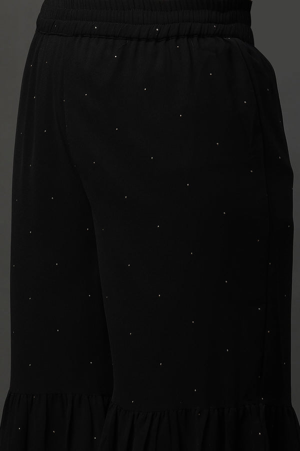 Black Polka Dots Printed Flared Georgette Sharara With Elasticated Waist