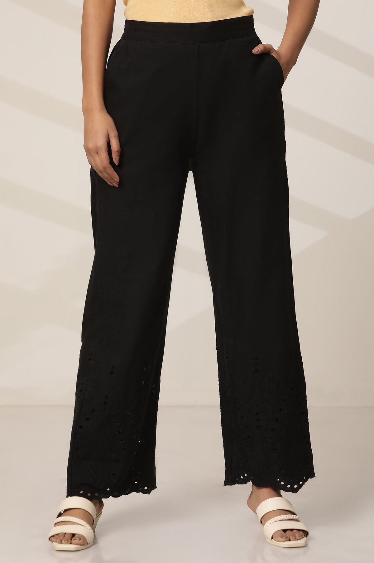 Elleven Women's Black Embroidered Semi Flared Cotton Palazzo With Side Pockets - M