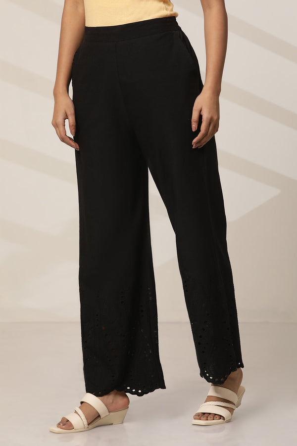 Black Embroidered Semi Flared Cotton Palazzo With Side Pockets