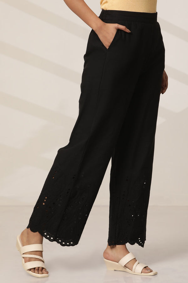 Black Embroidered Semi Flared Cotton Palazzo With Side Pockets