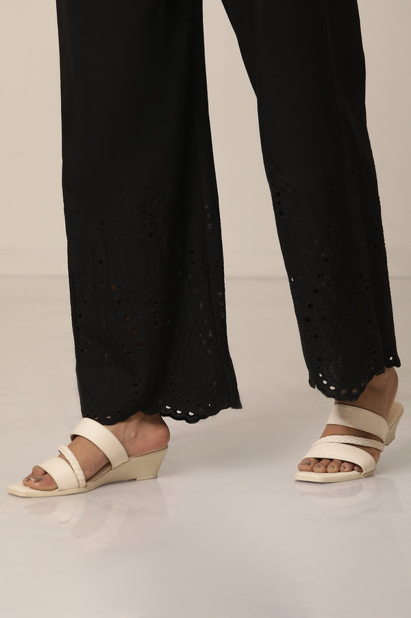 Black Embroidered Semi Flared Cotton Palazzo With Side Pockets