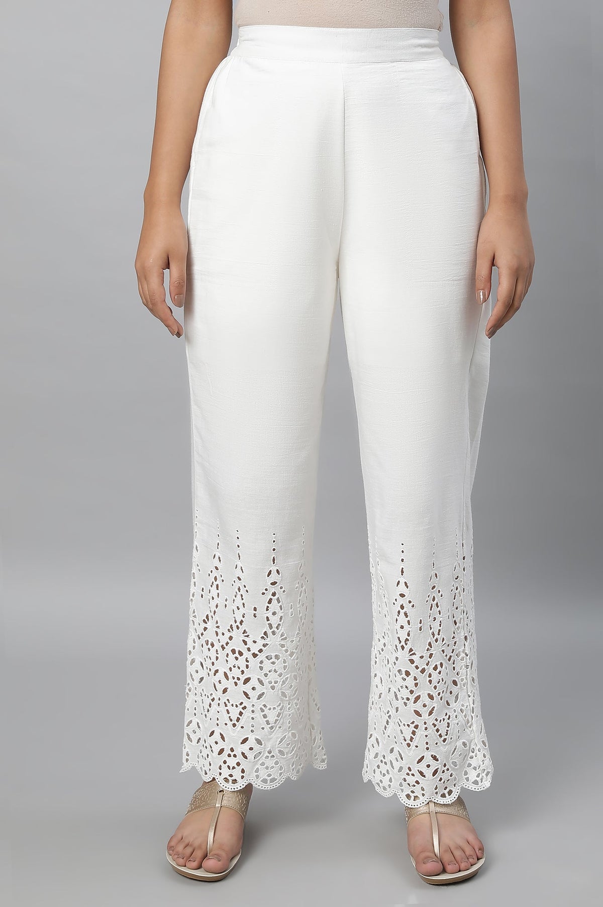 Elleven Women's White Embroidered Straight Fit Cotton Palazzo With Side Pockets - XS